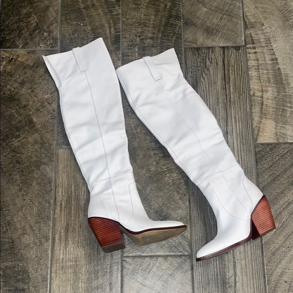 Anthropologie Silent D leather White Over the Knee 3.75”Boots w/ Western flair - Picture 2 of 5
